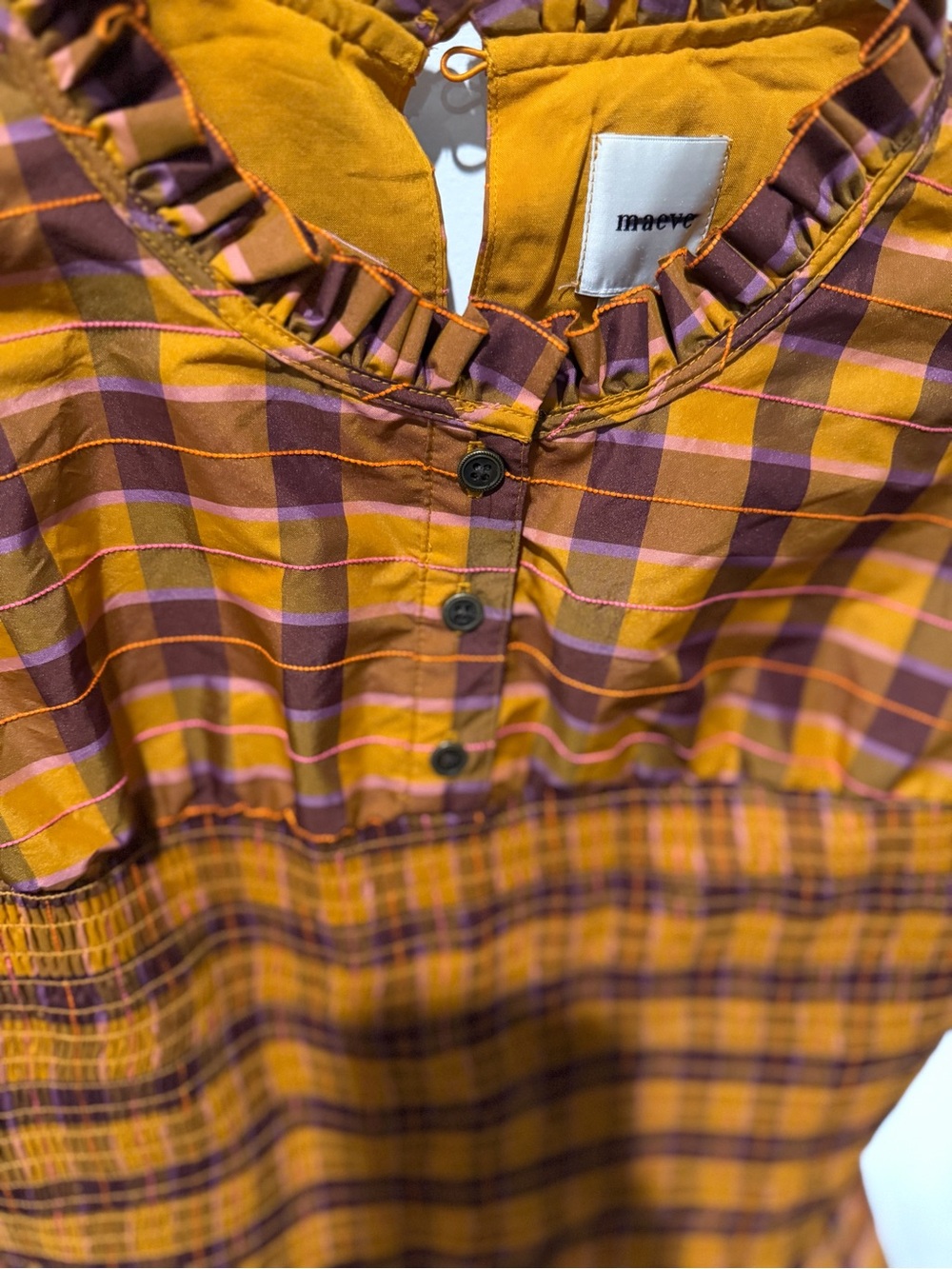 MAEVE Anthropologie Puff-Sleeve Smocked Elastic Romper Brown Orange Plaid Sz. L - Picture 5 of 7